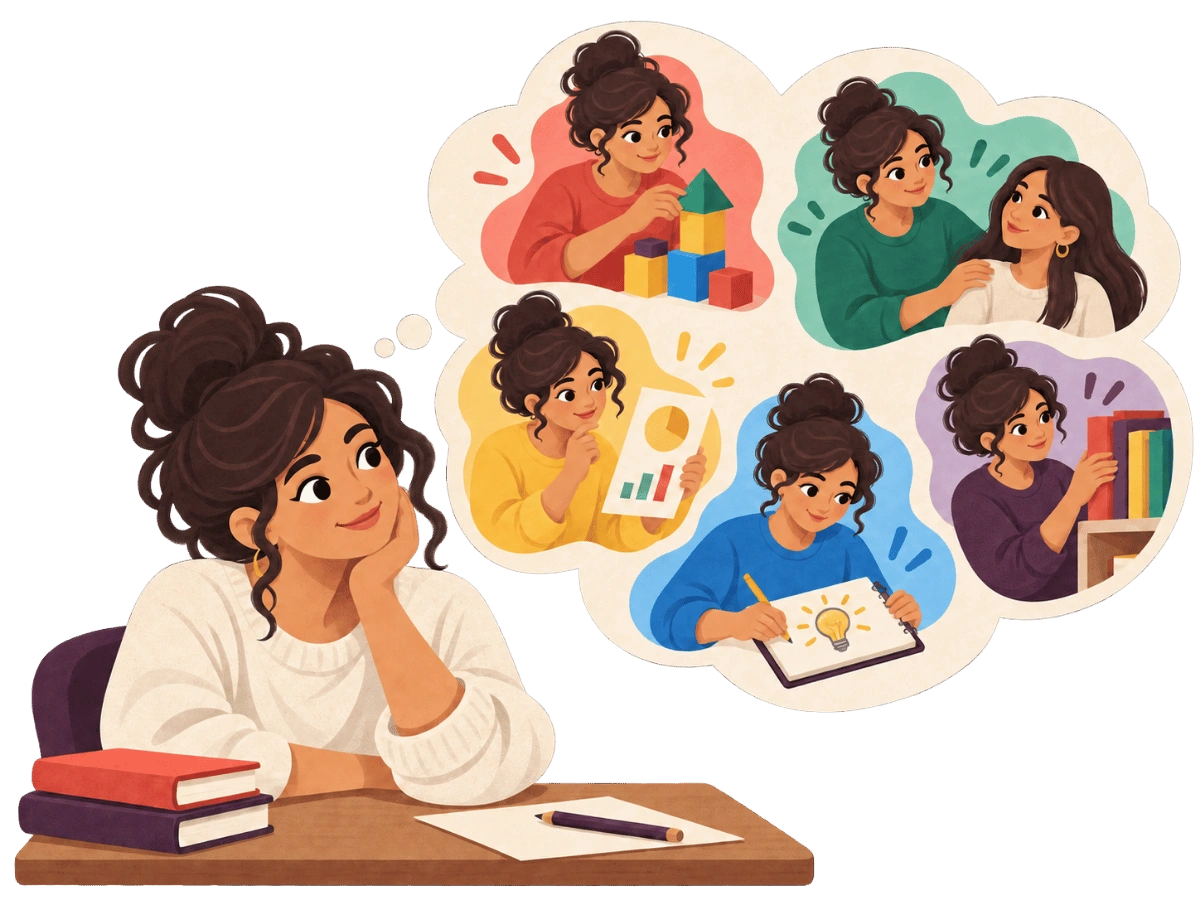 A student daydreaming at her desk about hands-on projects, teaching, writing, studying, and organizing