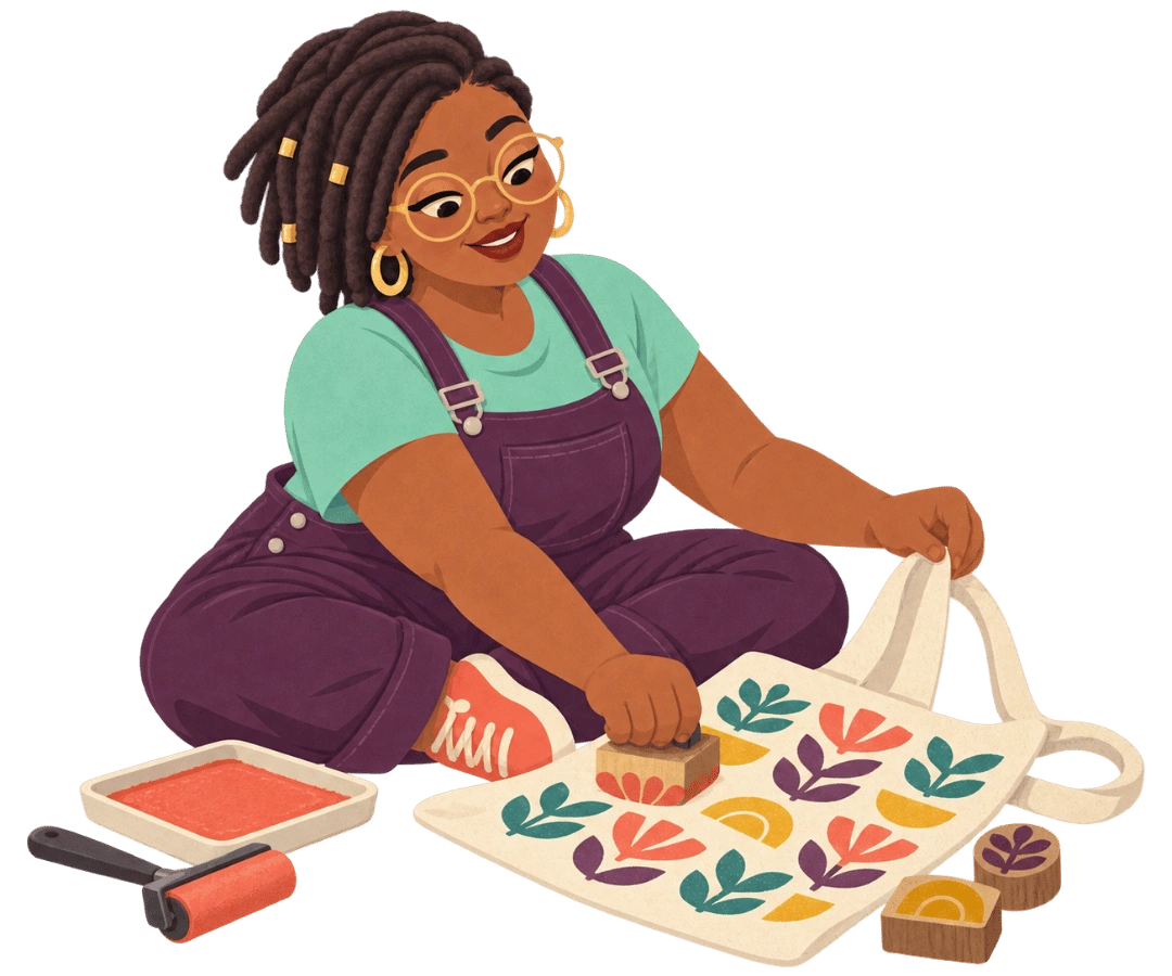 A maker block-printing a colorful pattern onto a tote bag