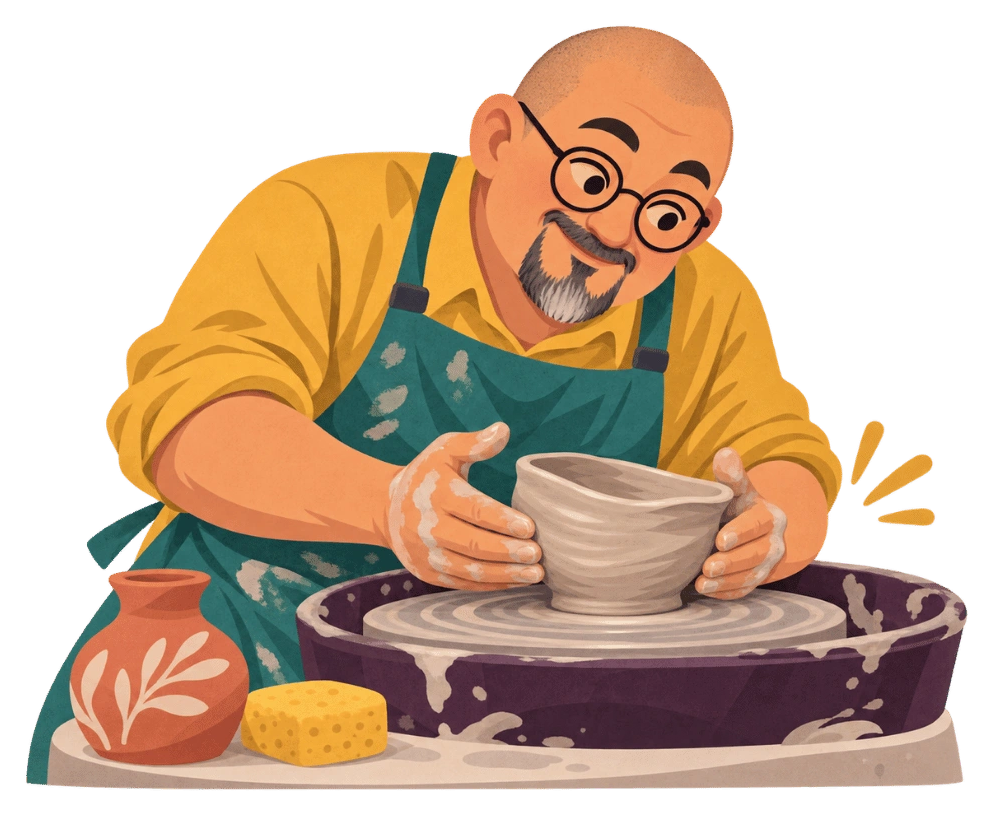 A potter shaping a bowl by hand at a pottery wheel