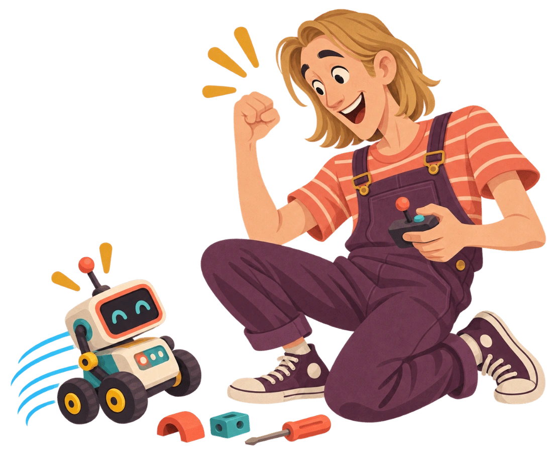 A learner using a controller to guide a small robot they built