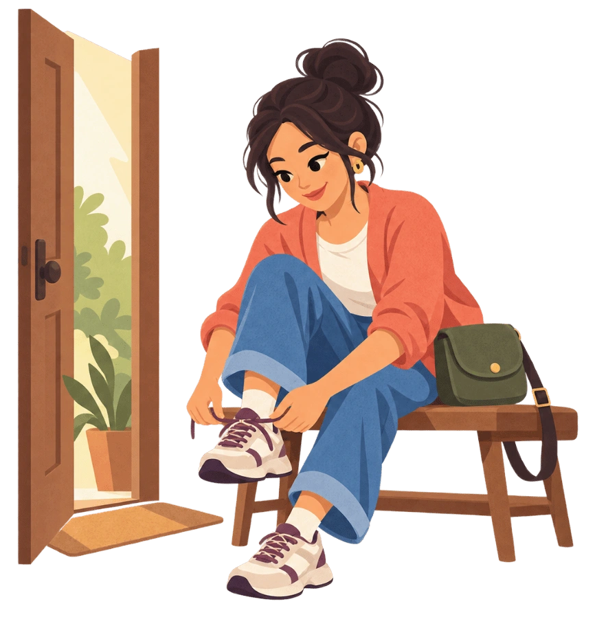 A woman tying her shoes beside an open door, ready to take a first step